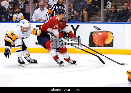 Florida Panthers defenseman Gustav Forsling prepares to pass during the  second period of an NHL hockey game against the Vancouver Canucks,  Saturday, Jan. 14, 2023, in Sunrise, Fla. (AP Photo/Wilfredo Lee Stock