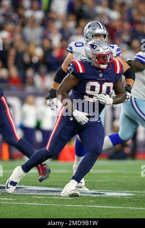 New England Patriots defensive tackle Christian Barmore (90)reacts during  the first half of an NFL football game against the Tampa Bay Buccaneers,  Sunday, Oct. 3, 2021, in Foxborough, Mass. (AP Photo/Greg M.