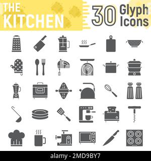 Kitchen glyph icon set, household symbols collection, vector sketches, logo illustrations, cooking signs solid pictograms package isolated on white background, eps 10. Stock Vector