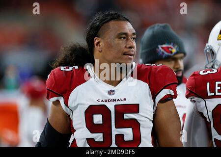 Arizona Cardinals defensive tackle Leki Fotu (95) looks up to the stands  after defeating the Seattle Seahawks during an NFL football game, Sunday,  Oct. 25, 2020, in Glendale, Ariz. The Arizona Cardinals