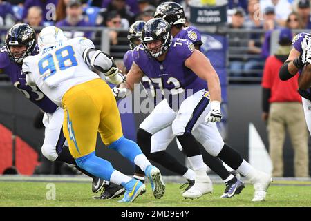 Baltimore Ravens guard Ben Powers (72) takes to the field before an NFL  football game between the Miami Dolphins and the Baltimore Ravens, Sunday,  Sept. 18, 2022, in Baltimore. (AP Photo/Nick Wass