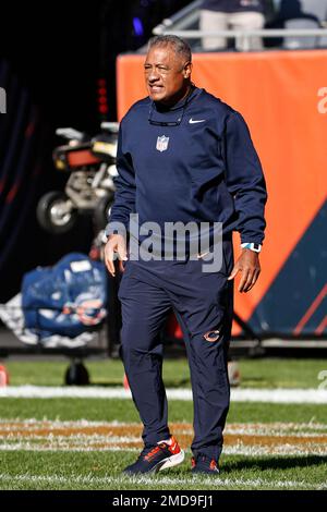 Chicago Bears offensive line coach Juan Castillo signals as he walks on the  field prior to an NFL football game against the Green Bay Packers, Sunday,  Oct. 17, 2021, in Chicago. (AP