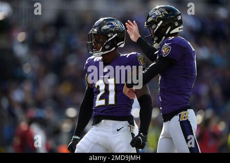 Washington Commanders WR Dyami Brown (2) catches a pass while being  defended by Baltimore Ravens DB Brandon Stephens (21) during a preseason  game at M&T Bank Stadium in Baltimore, Maryland on August