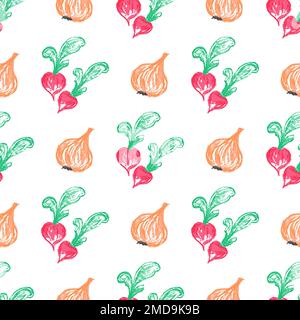 Vegetable seamless pattern. Children's drawings with wax crayons. Print for cloth design, textile, fabric, wallpaper Stock Vector