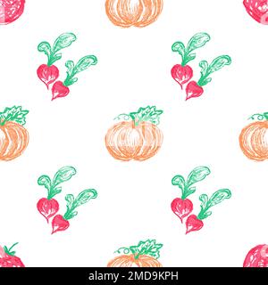 Vegetable seamless pattern. Children's drawings with wax crayons. Print for cloth design, textile, fabric Stock Vector