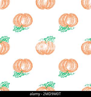 Vegetable seamless pattern. Children's drawings with wax crayons. Pumpkin. Print for cloth design, textile, fabric Stock Vector