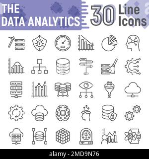 Data analytics line icon set, database symbols collection, vector sketches, logo illustrations, web hosting signs linear pictograms package isolated on white background, eps 10. Stock Vector