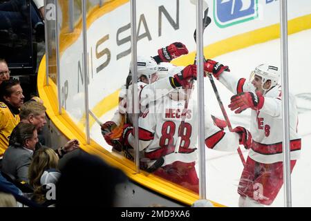 The Carolina Hurricanes celebrate a goal by Andrei Svechnikov during the  first period of an NHL pre season hockey game in Raleigh, N.C., Saturday,  Oct. 1, 2022. (AP Photo/Karl B DeBlaker Stock