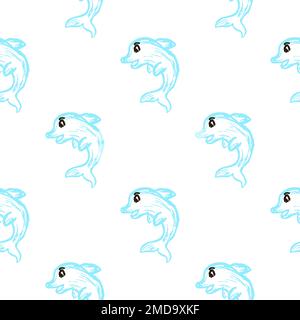 Marine seamless pattern. Dolphins. Children's drawings with wax crayons. Print for cloth design, textile, fabric, wallpaper Stock Vector