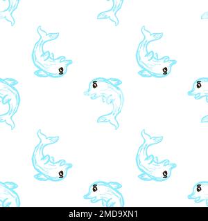 Marine seamless pattern. Dolphins. Children's drawings with wax crayons. Print Stock Vector