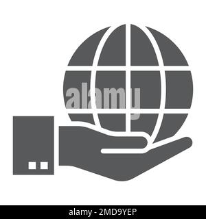 Globe on hand glyph icon, ecology and energy, save the planet sign, vector graphics, a solid pattern on a white background, eps 10. Stock Vector