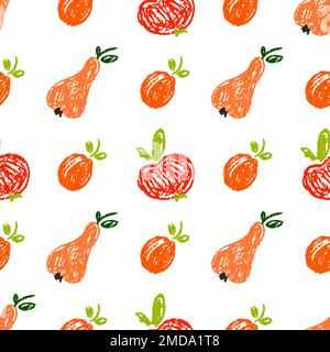 Fruit seamless pattern. Children's drawings with wax crayons. Apricots, apples. Print for cloth design, textile, fabric, wallpaper Stock Vector