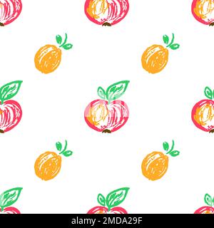 Fruit seamless pattern. Children's drawings with wax crayons. Apricots, apples. Print for cloth design, textile, fabric, wallpaper, wrapping paper Stock Vector