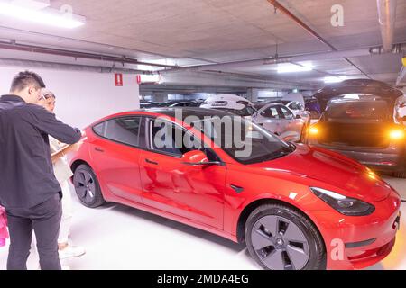 Tesla Model 3 Lady woman collects her brand new car from Tesla and is given instruction on the EV by Tesla employee at handover, Australia Stock Photo