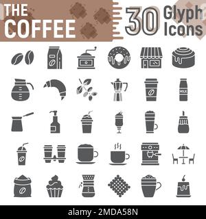 Coffee glyph icon set, coffee shop symbols collection, vector sketches, logo illustrations, sweets signs solid pictograms package isolated on white background, eps 10. Stock Vector