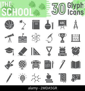 School glyph icon set, education symbols collection, vector sketches, logo illustrations, learning signs solid pictograms package isolated on white background, eps 10. Stock Vector