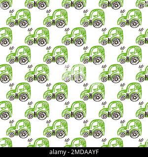 Cars seamless pattern. Tractor. Children's drawings with wax crayons. Print for cloth design, textile, fabric, wallpaper Stock Vector