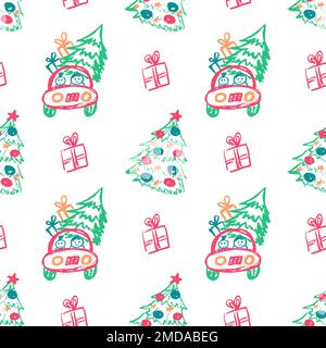 Christmas seamless pattern. Children's drawings with wax crayons. Christmas tree, gifts. Print for cloth design, textile, fabric, wallpaper, wrapping Stock Vector