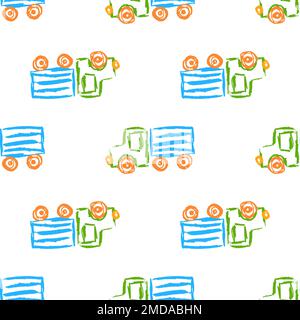 Cars seamless pattern. Truck. Children's drawings with wax crayons. Print Stock Vector