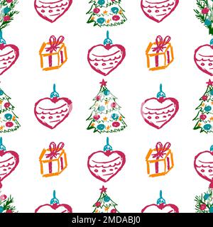 Christmas seamless pattern. Children's drawings with wax crayons. Christmas tree, gifts. Print for cloth design Stock Vector