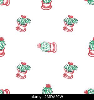 Cactus seamless pattern. Flowering cacti in pots. Cute cactuses. Children's drawings with wax crayons. Print Stock Vector