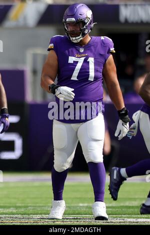 Minnesota Vikings offensive tackle Christian Darrisaw (71) blocks during  the first half of an NFL football game against the Chicago Bears, Sunday,  Jan. 8, 2023, in Chicago. (AP Photo/Kamil Krzaczynski Stock Photo - Alamy