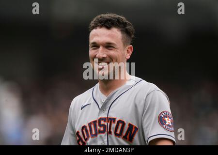 Philadelphia Phillies pitcher Aaron Nola smiles after talking with Houston  Astros third baseman Alex Bregman before a baseball game Saturday, April  29, 2023, in Houston. (AP Photo/David J. Phillip Stock Photo - Alamy