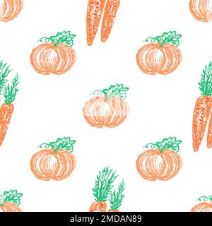 Vegetable seamless pattern. Children's drawings with wax crayons. Pumpkin. Print for cloth design Stock Vector