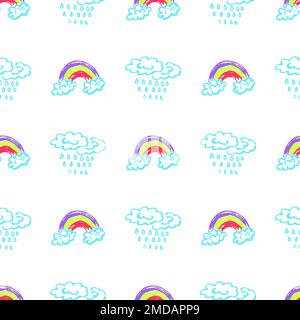 Sky seamless pattern. Children's drawings with wax crayons. Clouds, rainbow. Print Stock Vector