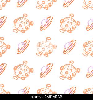 Space seamless pattern. Children's drawings with wax crayons. Rockets, ufo, galaxy. Print for cloth design, textile Stock Vector