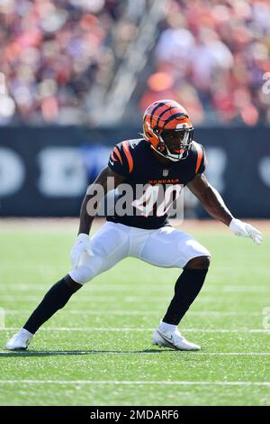 Cincinnati Bengals safety Brandon Wilson (40) warms up on the field before  an NFL football game between the Indianapolis Colts and Cincinnati Bengals,  Sunday, Oct. 18, 2020, in Indianapolis. (AP Photo/Zach Bolinger