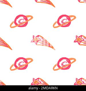 Space seamless pattern. Children's drawings with wax crayons. Space, universe. Print for cloth design, wrapping paper Stock Vector