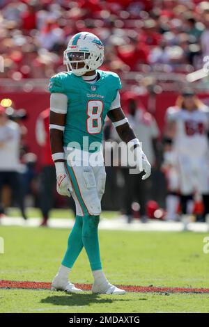 Miami Dolphins free safety Jevon Holland (8) intercepts a pass in the end  zone intended for Houston Texans wide receiver Brandin Cooks (13) during  the first half of an NFL football game