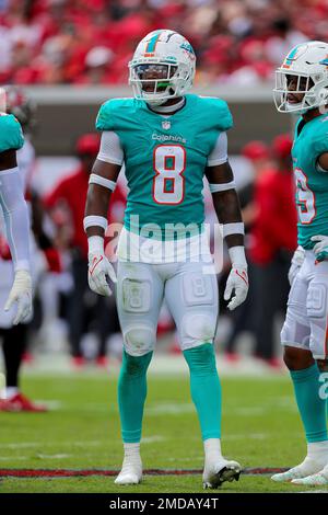 Miami Dolphins free safety Jevon Holland (8) intercepts a pass in the end  zone intended for Houston Texans wide receiver Brandin Cooks (13) during  the first half of an NFL football game