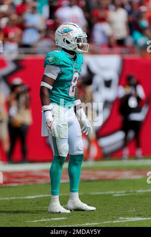 Miami Dolphins free safety Jevon Holland (8) intercepts a pass in the end  zone intended for Houston Texans wide receiver Brandin Cooks (13) during  the first half of an NFL football game