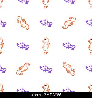 Marine seamless pattern. Children's drawings with wax crayons. Sea Horses. Print for cloth design, fabric, wallpaper, wrapping Stock Vector
