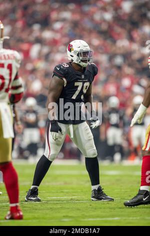 Arizona Cardinals offensive tackle Josh Jones, left, blocks Cardinals  linebacker Myjai Sanders (41) during NFL football training camp practice at  State Farm Stadium Monday, Aug. 7, 2023, in Glendale, Ariz. (AP Photo/Ross