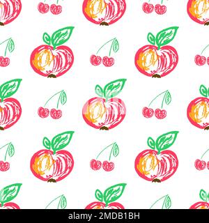 Fruit seamless pattern. Children's drawings with wax crayons. Apples, cherries. Print for cloth design, textile, fabric, wallpaper, wrapping Stock Vector