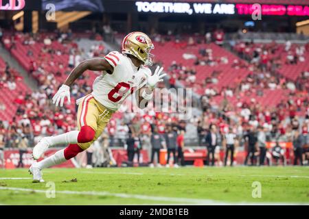 Wide receiver (81) Trent Sherfield of the San Francisco 49ers warms up  before playing against the Arizona Cardinals in an NFL football game,  Sunday, Oct. 10, 2021, in Glendale, Ariz. The Cardinals