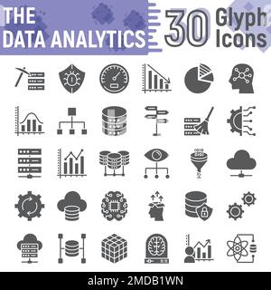 Data analytics glyph icon set, database symbols collection, vector sketches, logo illustrations, web hosting signs solid pictograms package isolated on white background, eps 10. Stock Vector