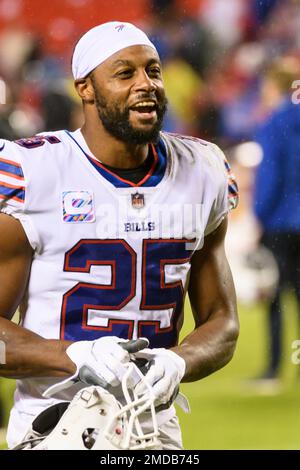 Buffalo Bills running back Taiwan Jones (25) stands for the National Anthem  before playing against the New York Jets in an NFL football game, Sunday,  Dec. 11, 2022, in Orchard Park, N.Y.