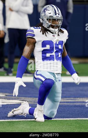 Dallas Cowboys safety Malik Hooker (28) backpedals he as watches the  quarterback whilst defending during an NFL wild-card football game against  the Tampa Bay Buccaneers, Monday, Jan. 16, 2023, in Tampa, Fla. (