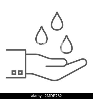 Water drops in hand thin line icon, ecology and save water, purfied water sign, vector graphics, a linear pattern on a white background, eps 10. Stock Vector
