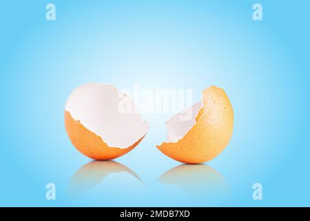 Egg shell isolated on white. Broken egg shell on light blue background Stock Photo
