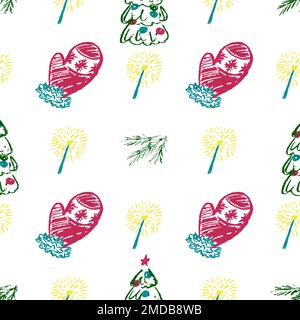 Christmas seamless pattern. New Year mood. Children's drawings with wax crayons. Print for cloth design, textile, fabric, wallpaper Stock Vector