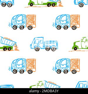 Cars seamless pattern. Truck. Children's drawings with wax crayons. Print for cloth design, textile Stock Vector