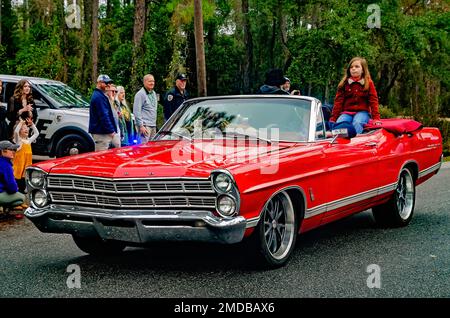 A vintage Ford Galaxie convertible participates in the Krewe de la Dauphine Mardi Gras parade, Jan. 21, 2023, in Dauphin Island, Alabama. Stock Photo