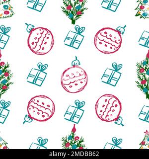Christmas seamless pattern. Children's drawings with wax crayons. Christmas tree, gifts. Print for cloth Stock Vector