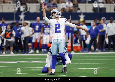 Dallas Cowboys kicker Greg Zuerlein (2) walks off the field after an NFL  football game against the New York Giants, Sunday, Dec. 19, 2021, in East  Rutherford, N.J. (AP Photo/Adam Hunger Stock