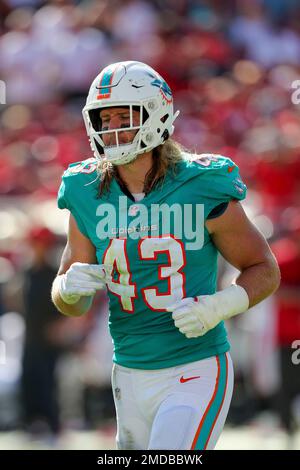 Miami Dolphins linebacker Andrew Van Ginkel (43) reacts after